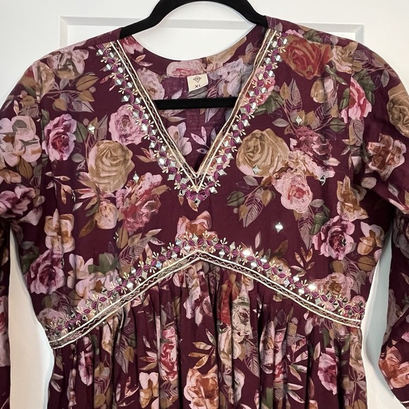 Indian‎ Burgundy Floral Dress Tunic Women's XL Embellished V-neck Party Festival - Picture 3 of 14